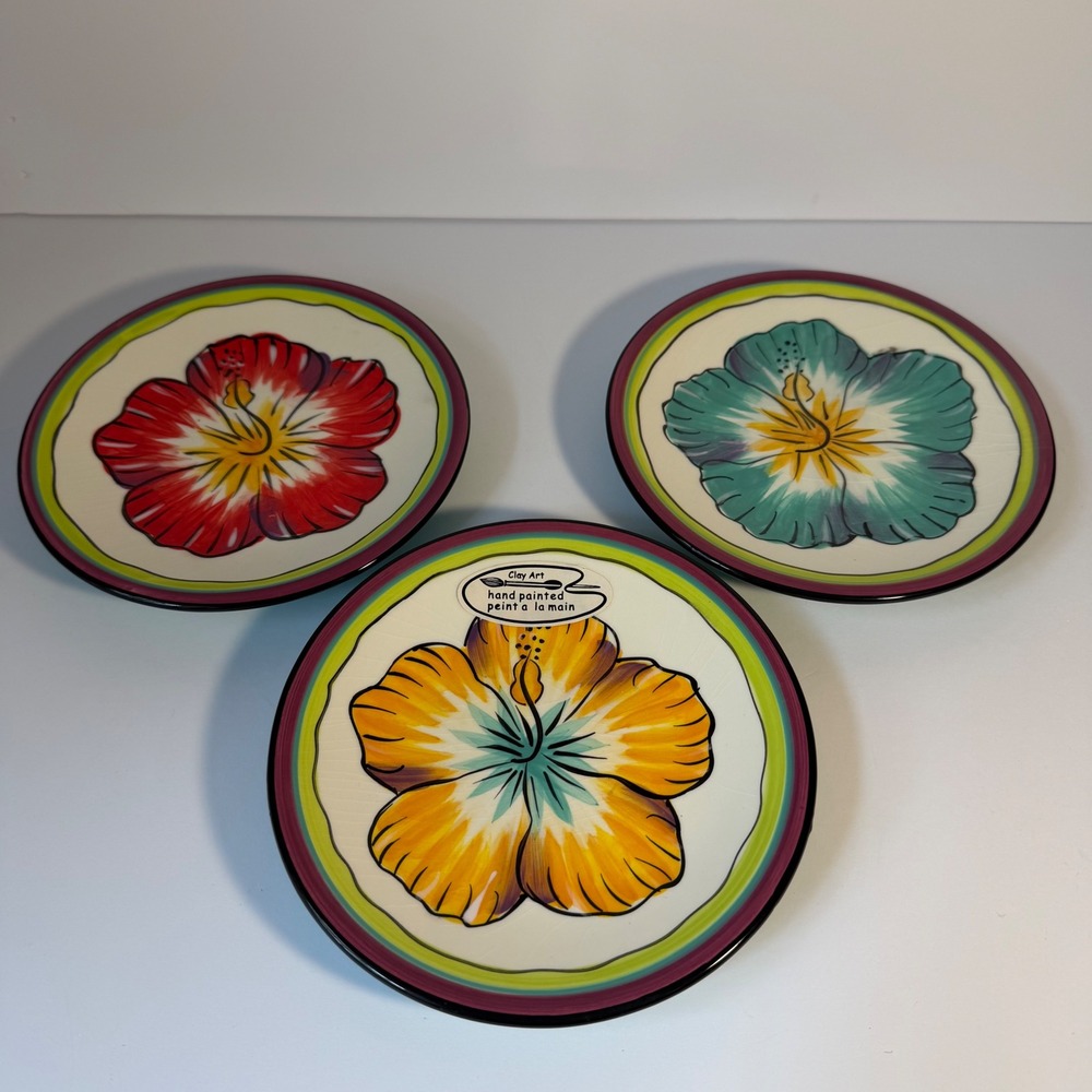 Clay Art Hand Painted Hibiscus Plates Set of 3 Tropical Floral 8 Inch